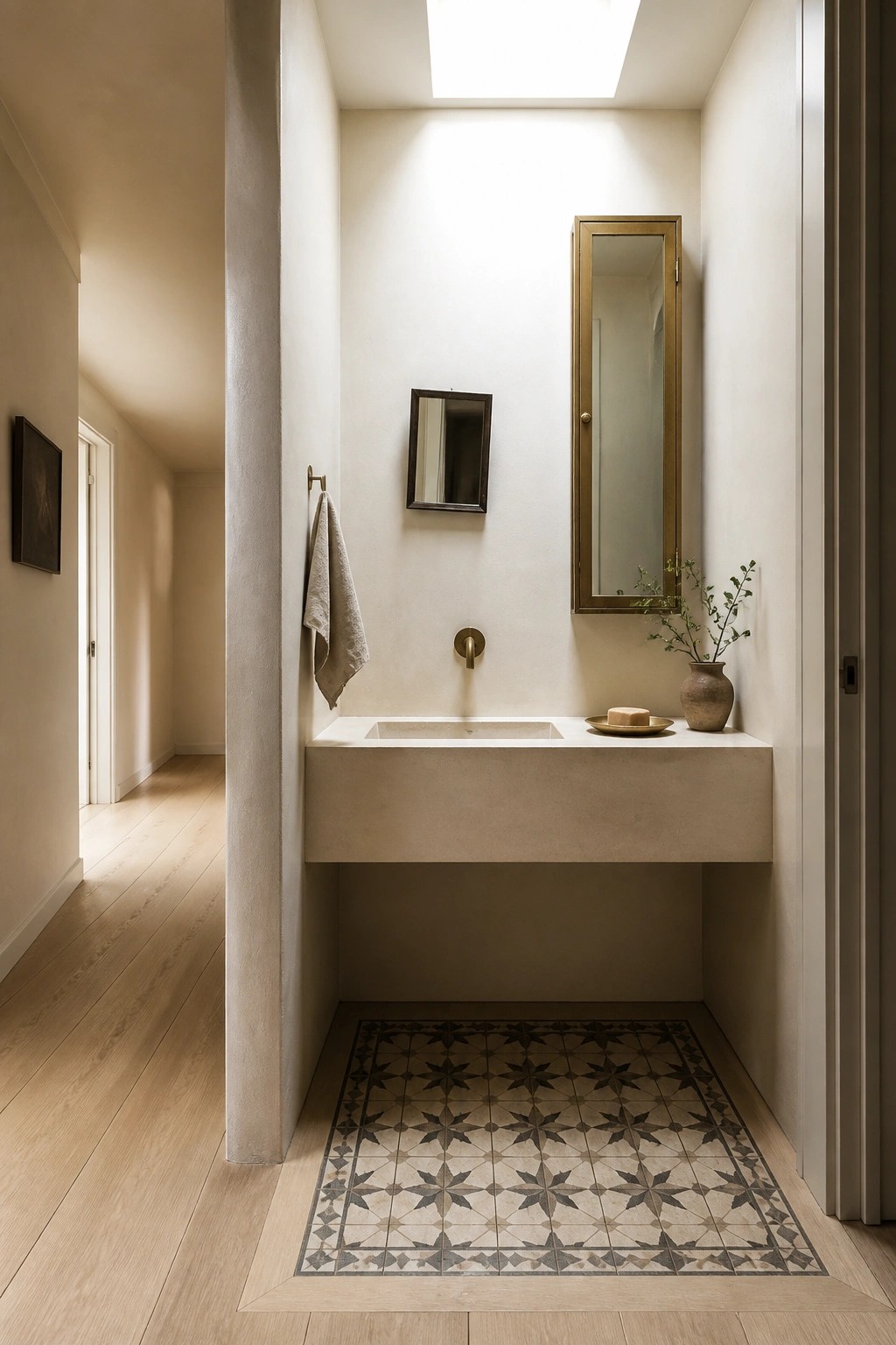 A narrow bathroom with a floating concrete sink, wall-mounted faucet, and light wood flooring extending from the hallway.