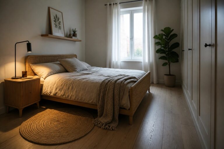 23 Bright Light Wood Flooring Ideas to Open Up Smaller Rooms A small bedroom featuring light wood flooring, a woven bed frame with neutral bedding, a round jute rug, and sheer white curtains over a window.