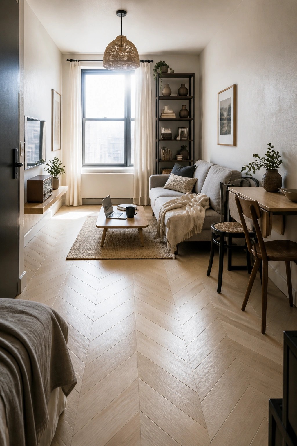 A small living room with light wood herringbone flooring, a gray sofa, wooden coffee table, and a dining table near the window.