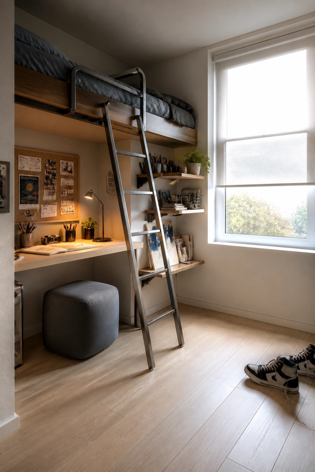 A small bedroom with light wood flooring, a loft bed with ladder, desk area below, and a large window on the right.