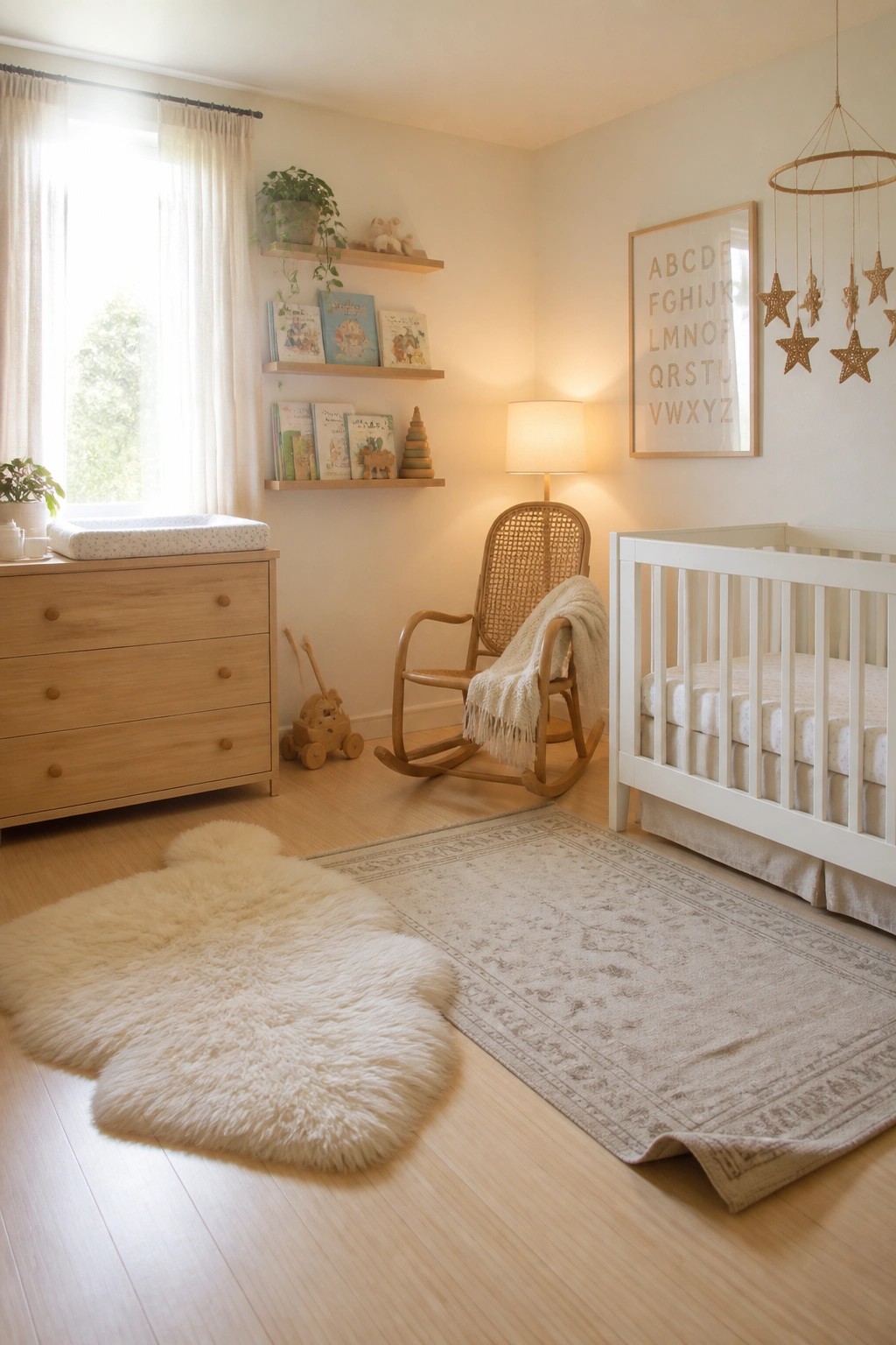 A bright nursery featuring light wood flooring, a white crib, a wooden rocking chair, floating shelves with books, and a fluffy white rug on the floor.