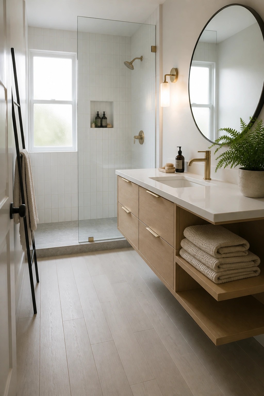 A bathroom interior featuring light wood flooring, a floating light wood vanity with white countertop, and a glass shower with white tile walls.