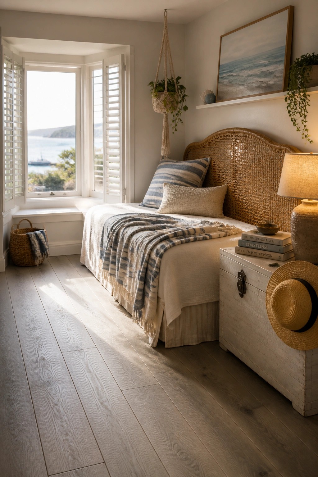 A bedroom with light wood flooring, a bed with a woven rattan headboard, striped pillows, and a large window with white shutters.