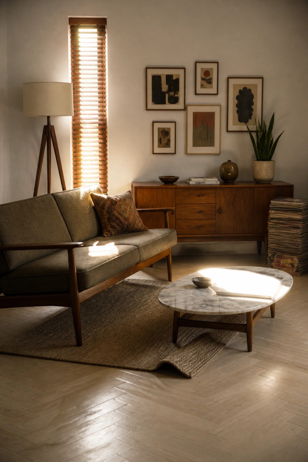 A living room featuring a gray upholstered sofa, round marble coffee table, wooden sideboard, and light wood herringbone flooring with sunlight streaming across the surface.