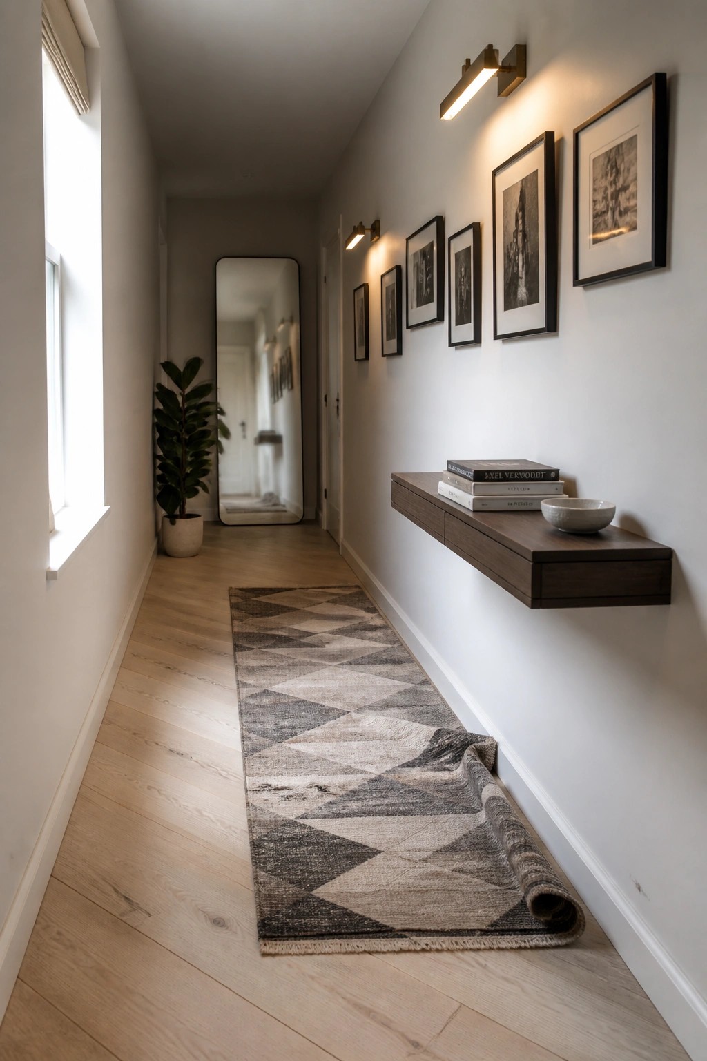 A narrow interior hallway with light wood flooring, a long geometric runner rug, white walls with framed art, and a floating wood shelf.
