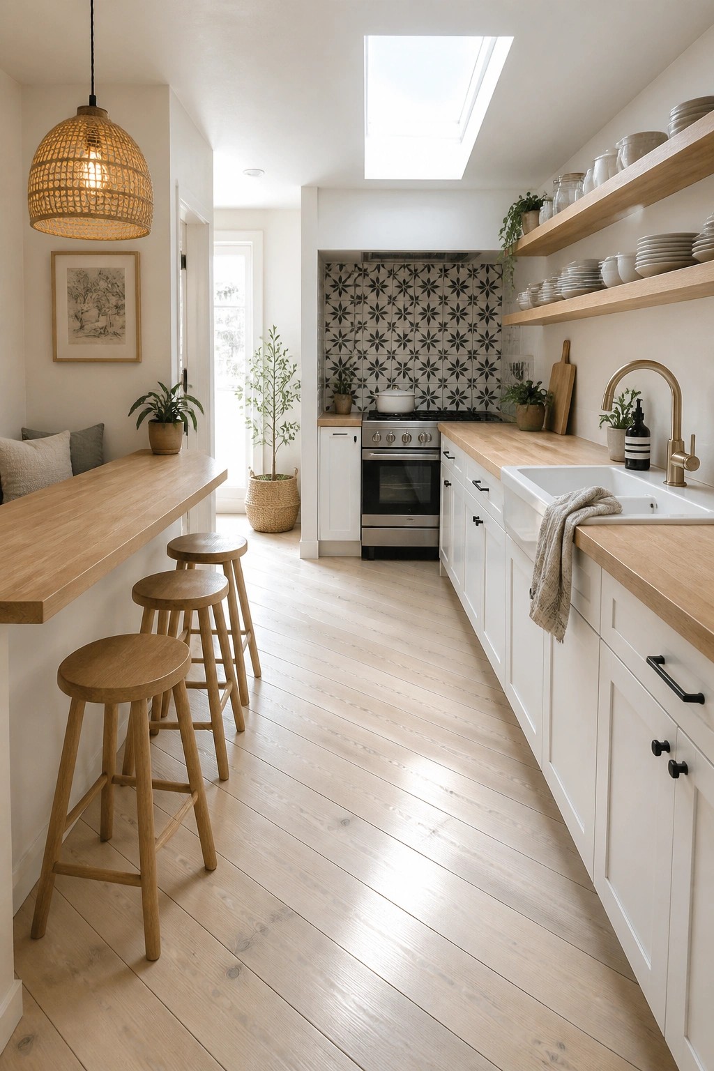 A narrow kitchen interior with light wood flooring, white cabinets, wooden countertops, open shelves, and a skylight above the range.