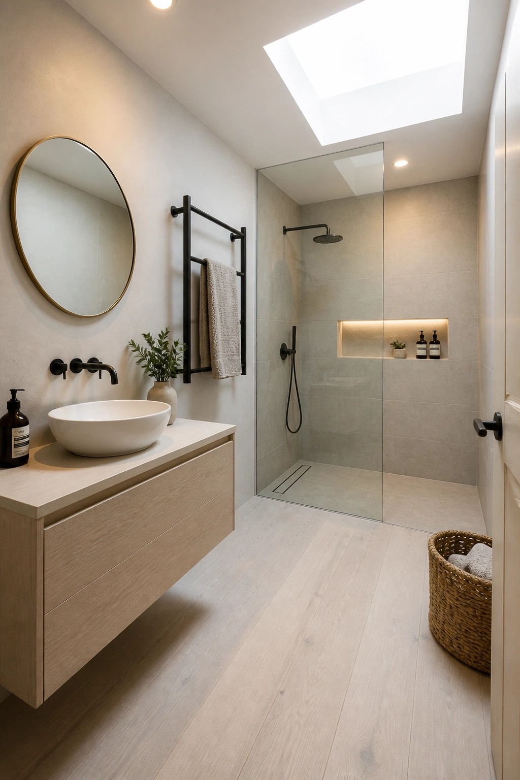 A bathroom interior showing light wood flooring, a floating light wood vanity with a white vessel sink, black fixtures, a round mirror, and a glass shower enclosure under a skylight.