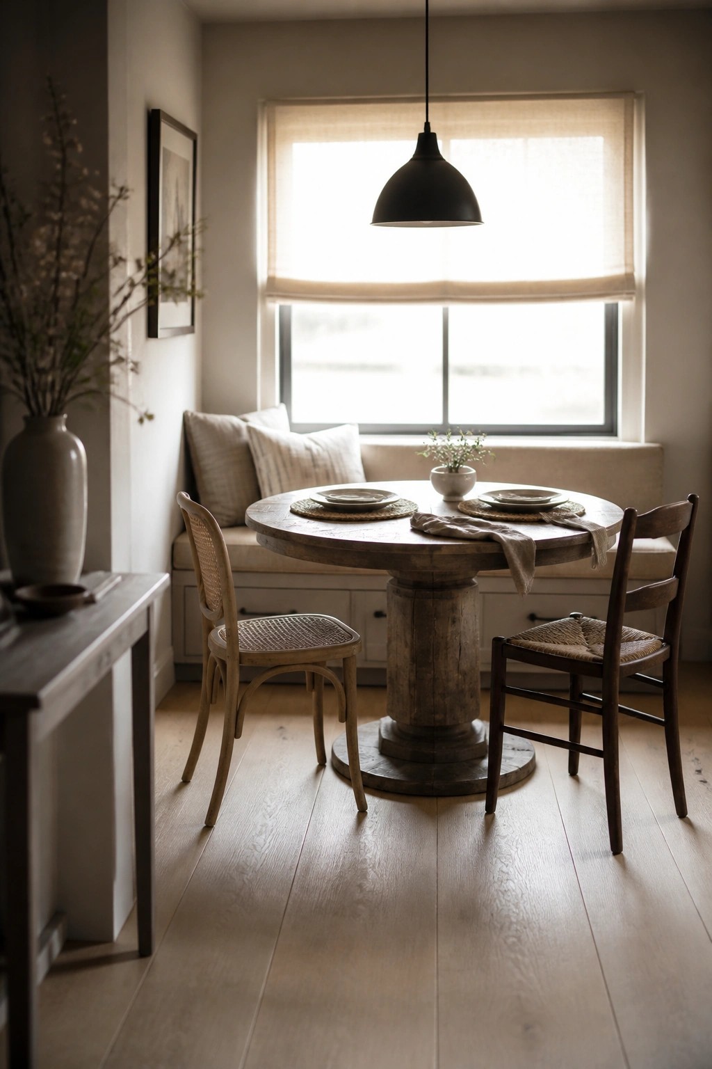 Round wooden dining table with two chairs on light wood flooring in front of a window bench.