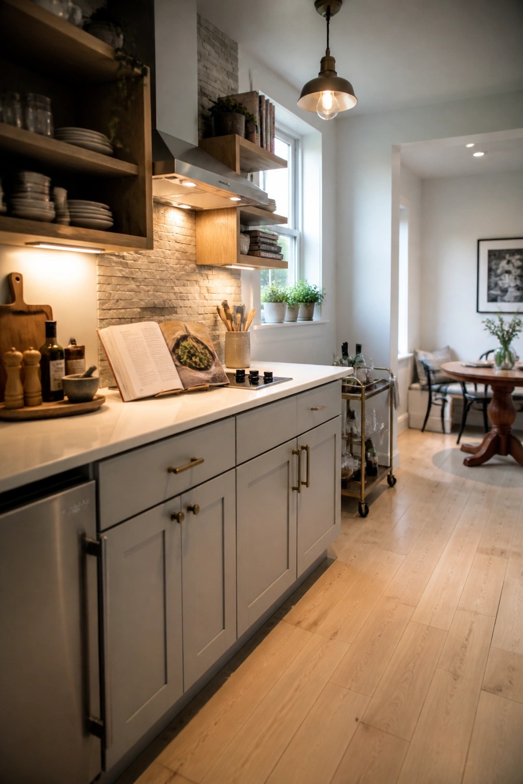 A kitchen interior with light wood flooring, white cabinets, open wooden shelves, and a brick backsplash under a window.