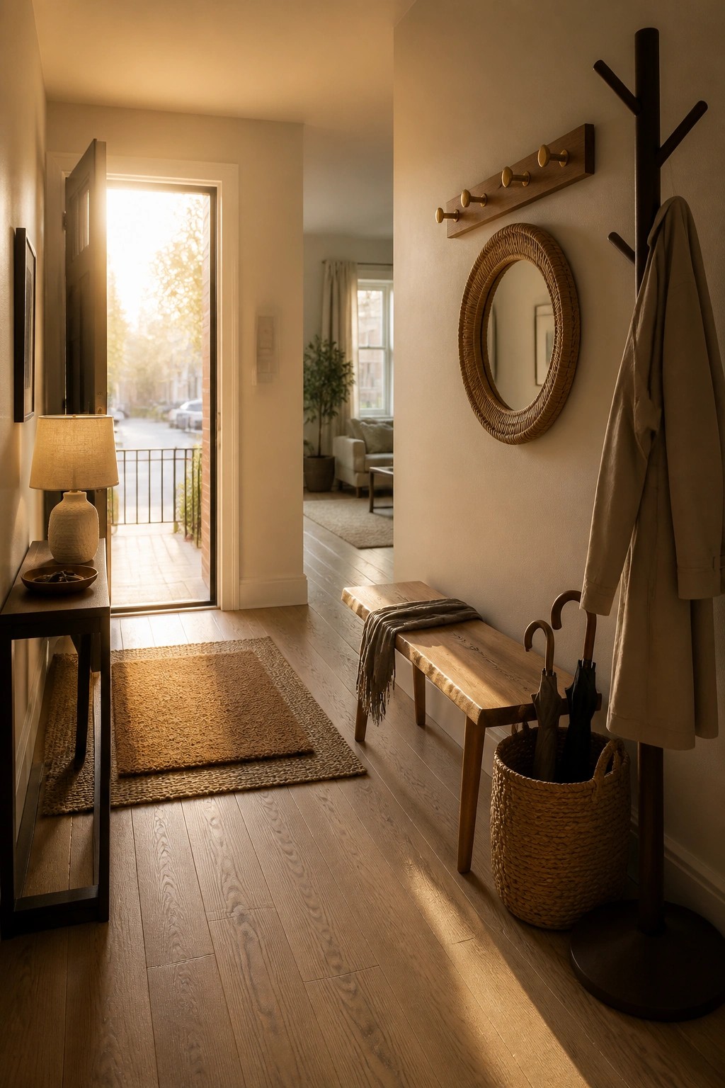 A home entryway with light wood flooring, a wooden bench, woven rug, and an open front door letting in natural light.