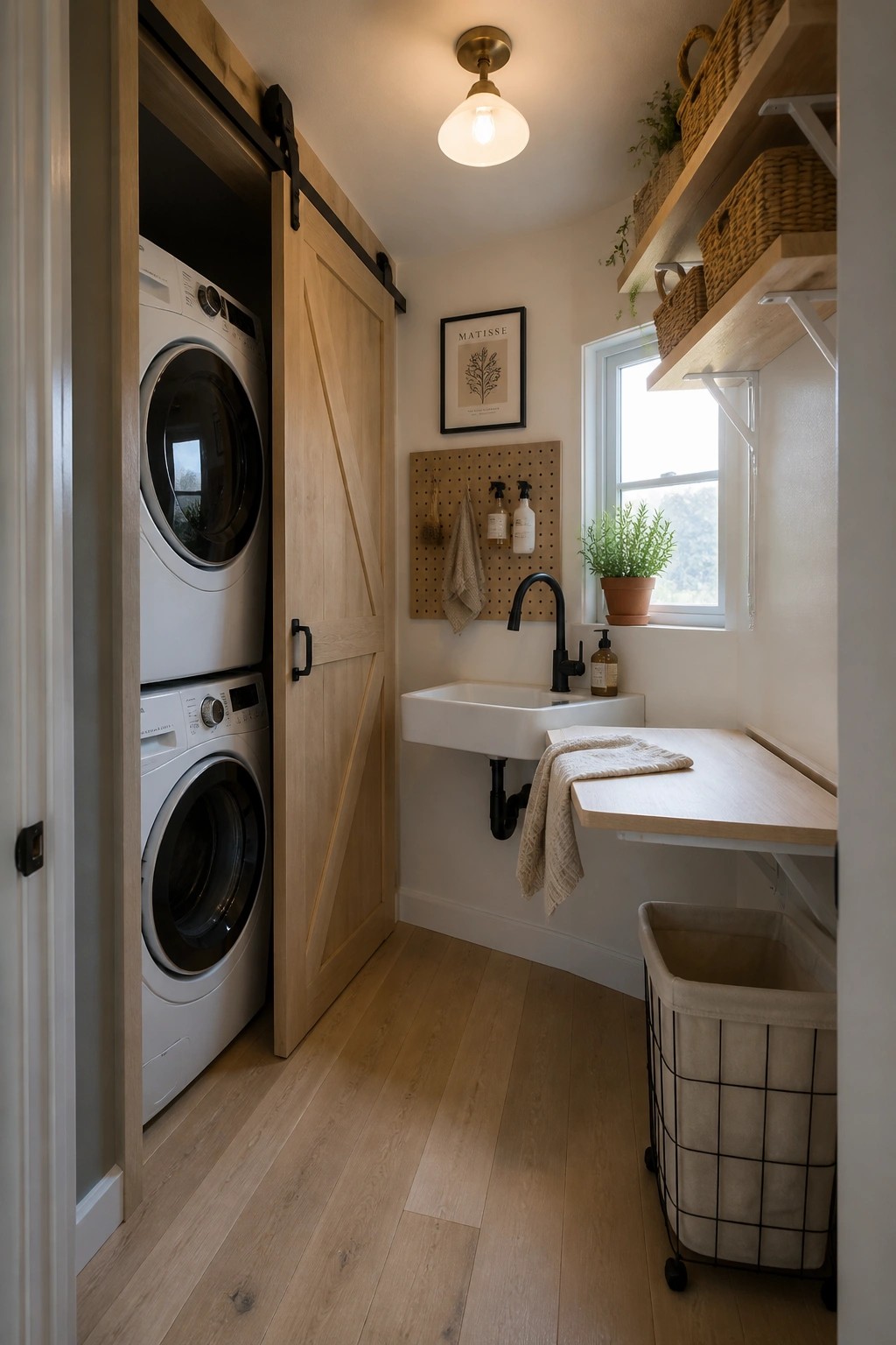 A narrow laundry room with light wood flooring, stacked white washer and dryer behind a sliding wood door, a wall-mounted sink, and open shelves with baskets.