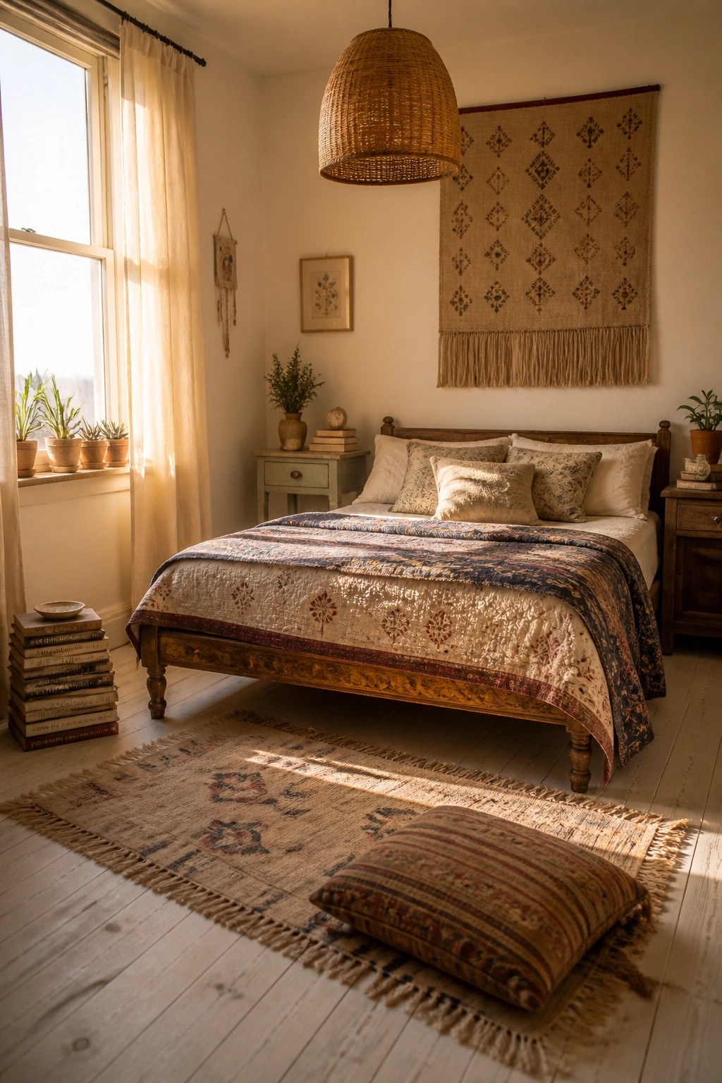 A bedroom interior with light wood plank flooring, a wooden bed with patterned bedding, and a large rug partially covering the floor near a window.