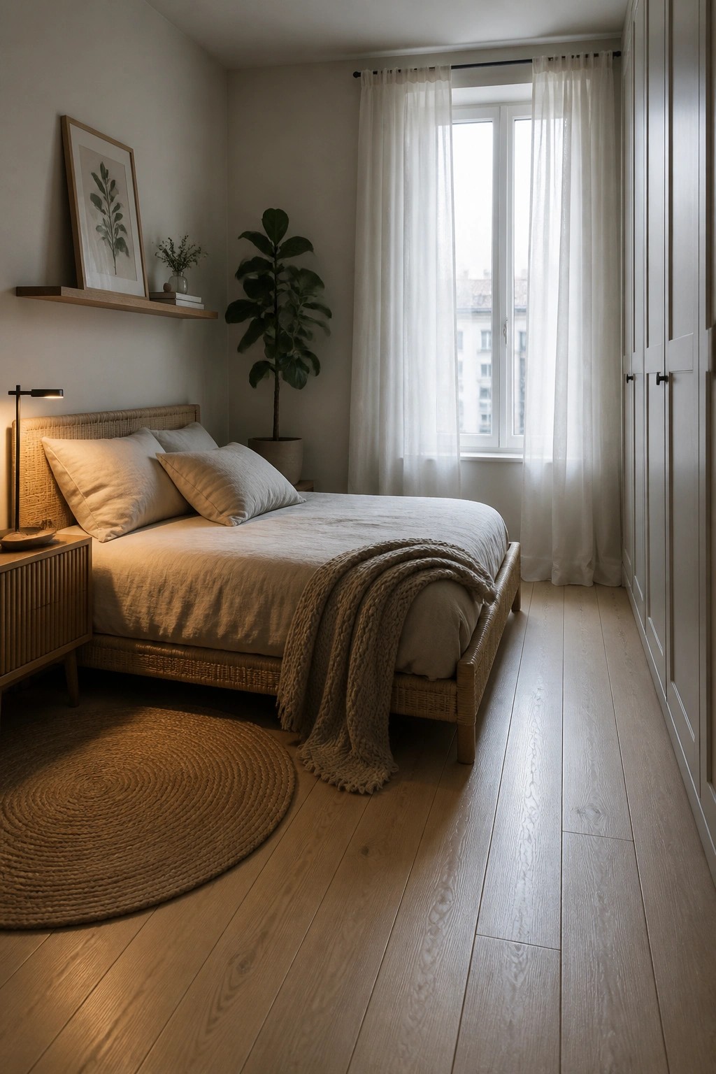 A small bedroom featuring light wood flooring, a woven bed frame with neutral bedding, a round jute rug, and sheer white curtains over a window.