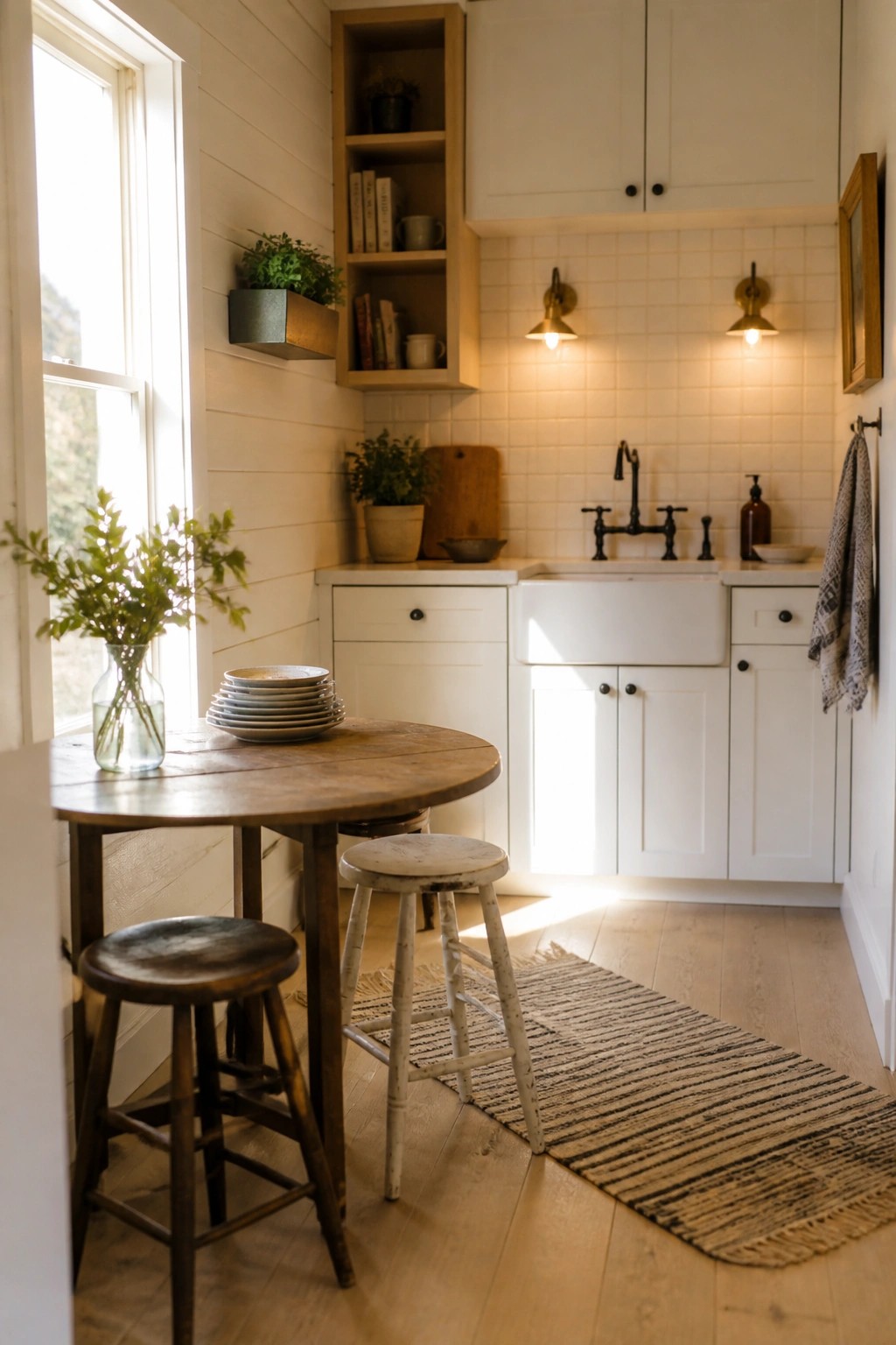 A compact kitchen with light wood flooring, white cabinets, a farmhouse sink, open shelving, and a small round dining table with stools.