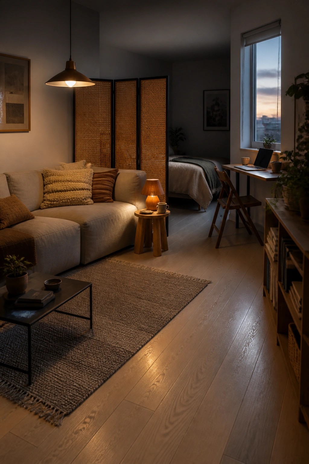 A compact living room with light wood flooring, a beige sectional sofa, a woven room divider, and warm evening lighting from a pendant lamp.