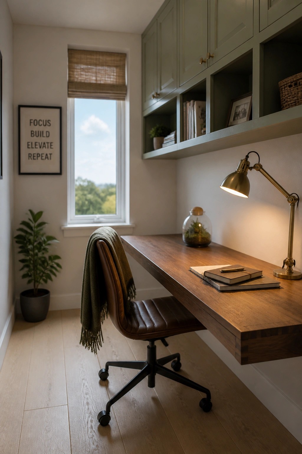 A compact home office with light wood flooring, a floating wood desk, a brown leather office chair, green built-in cabinets, and a window with a woven shade.