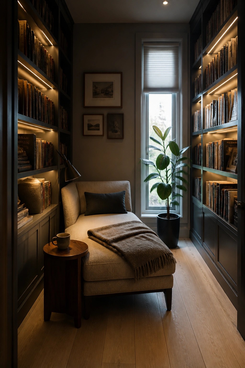 A narrow interior room with light wood flooring, dark built-in bookshelves on both sides, a beige chaise lounge, and a tall window with a potted plant beside it.