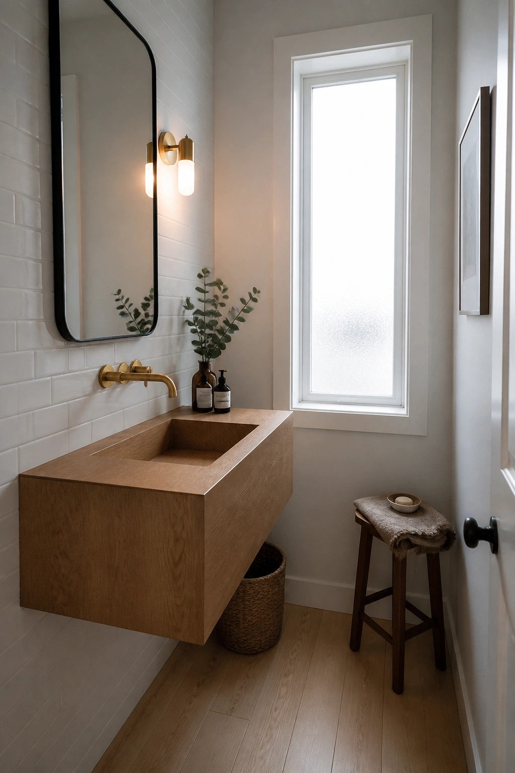 A small bathroom with light wood flooring, a floating wooden vanity, white subway tile walls, and a tall window.