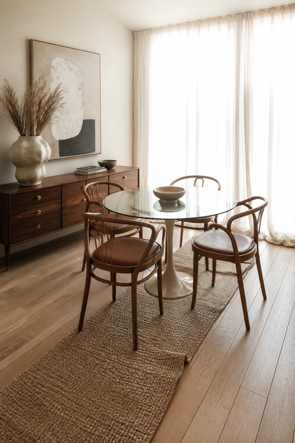 A round glass dining table with wooden chairs on a long woven rug over light hardwood flooring in a room with a wooden sideboard and abstract wall art.