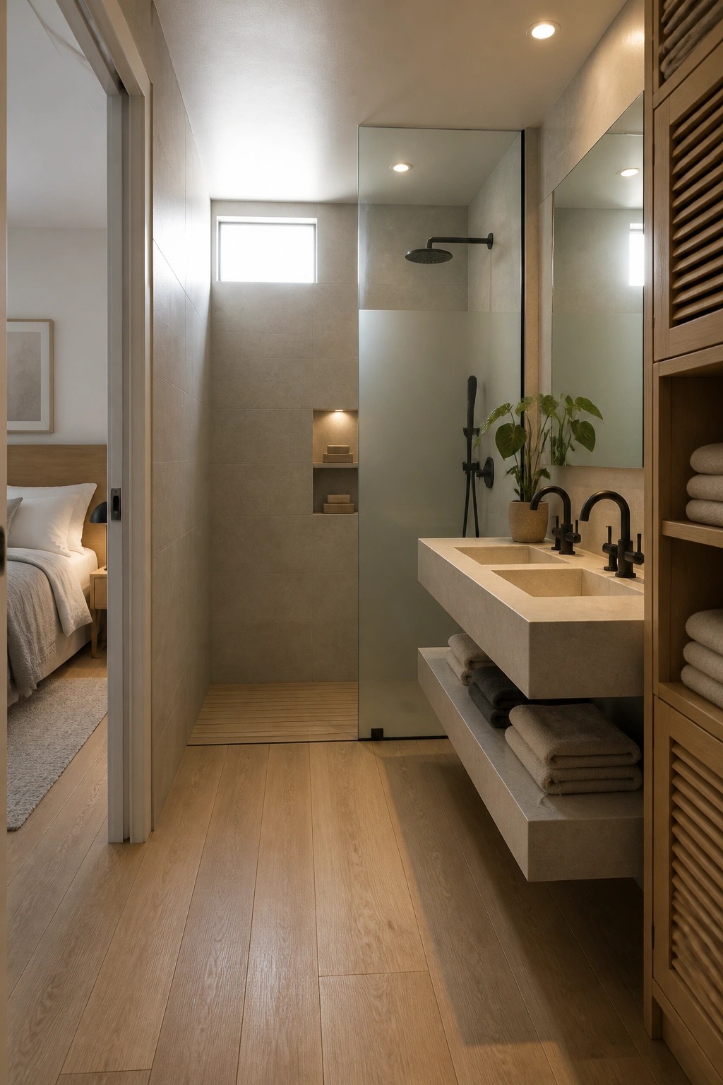 A narrow bathroom with light wood flooring, a floating concrete double vanity, open shower area, and a doorway leading into a bedroom with a bed and rug visible.