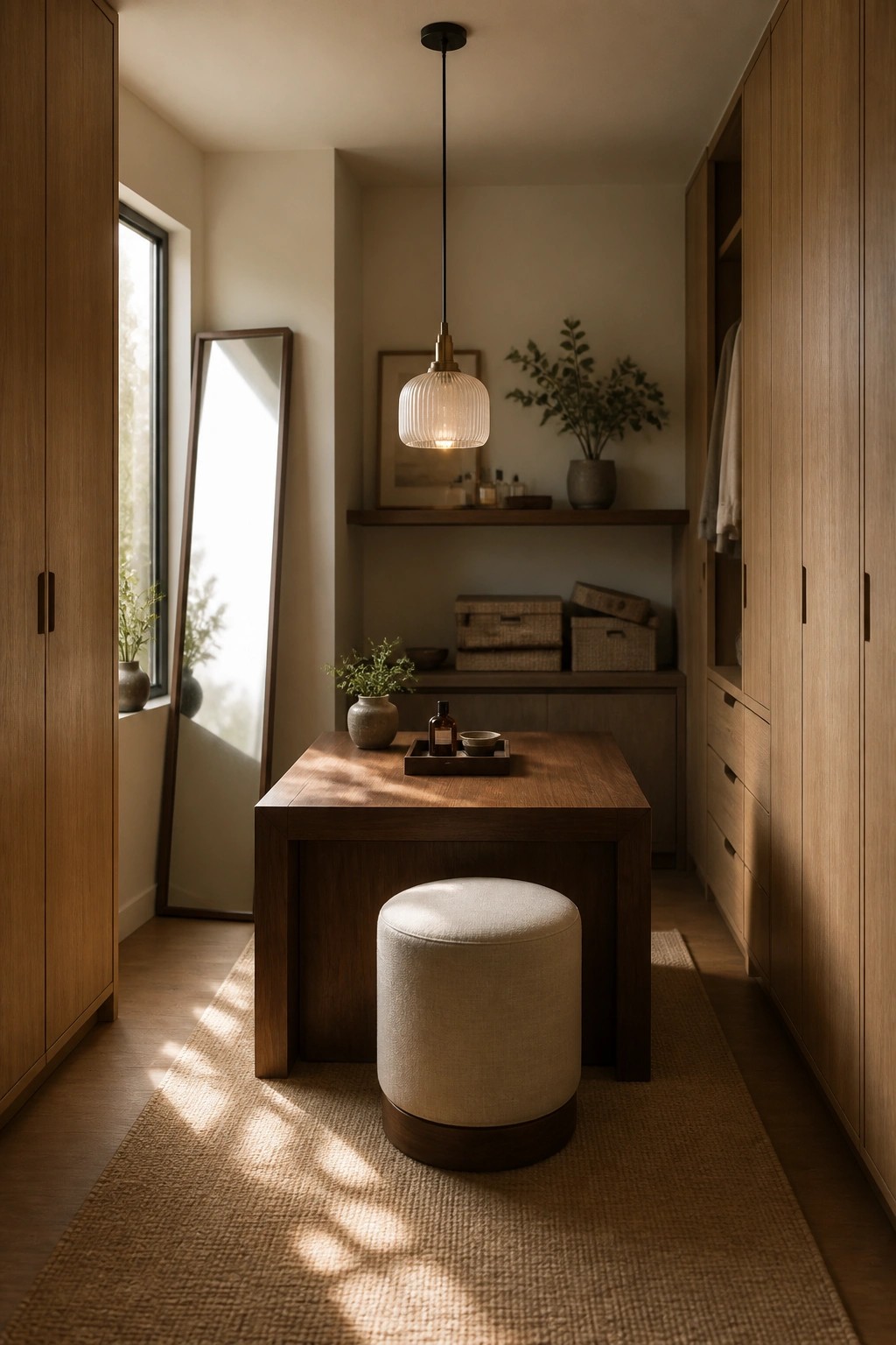 A narrow interior room with light wood cabinetry on both sides, a central dark wood table, a round upholstered stool tucked beneath it, and a single hanging pendant light above.