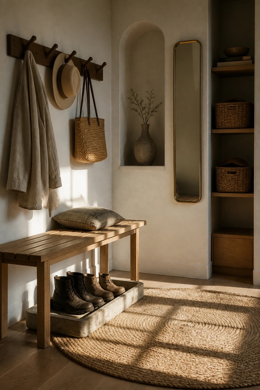 A minimalist entryway with a wooden bench holding a cushion, boots stored underneath in a concrete tray, wall hooks with a coat and hat, a round jute rug, and a tall mirror beside built-in shelves.