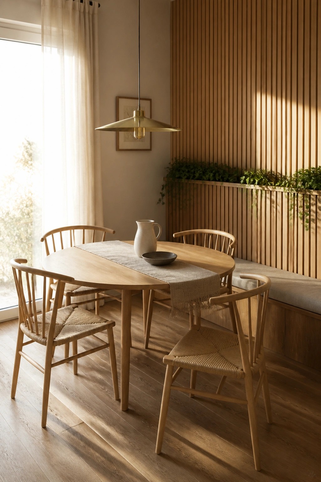 Round wooden dining table with spindle-back chairs and a built-in bench against a vertical wood slat wall in a bright room with a pendant light overhead.