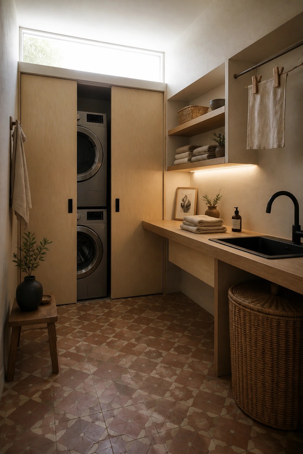 A laundry room with light wood sliding doors partially open to reveal stacked washer and dryer, a wooden countertop with sink, and terracotta tile floor.