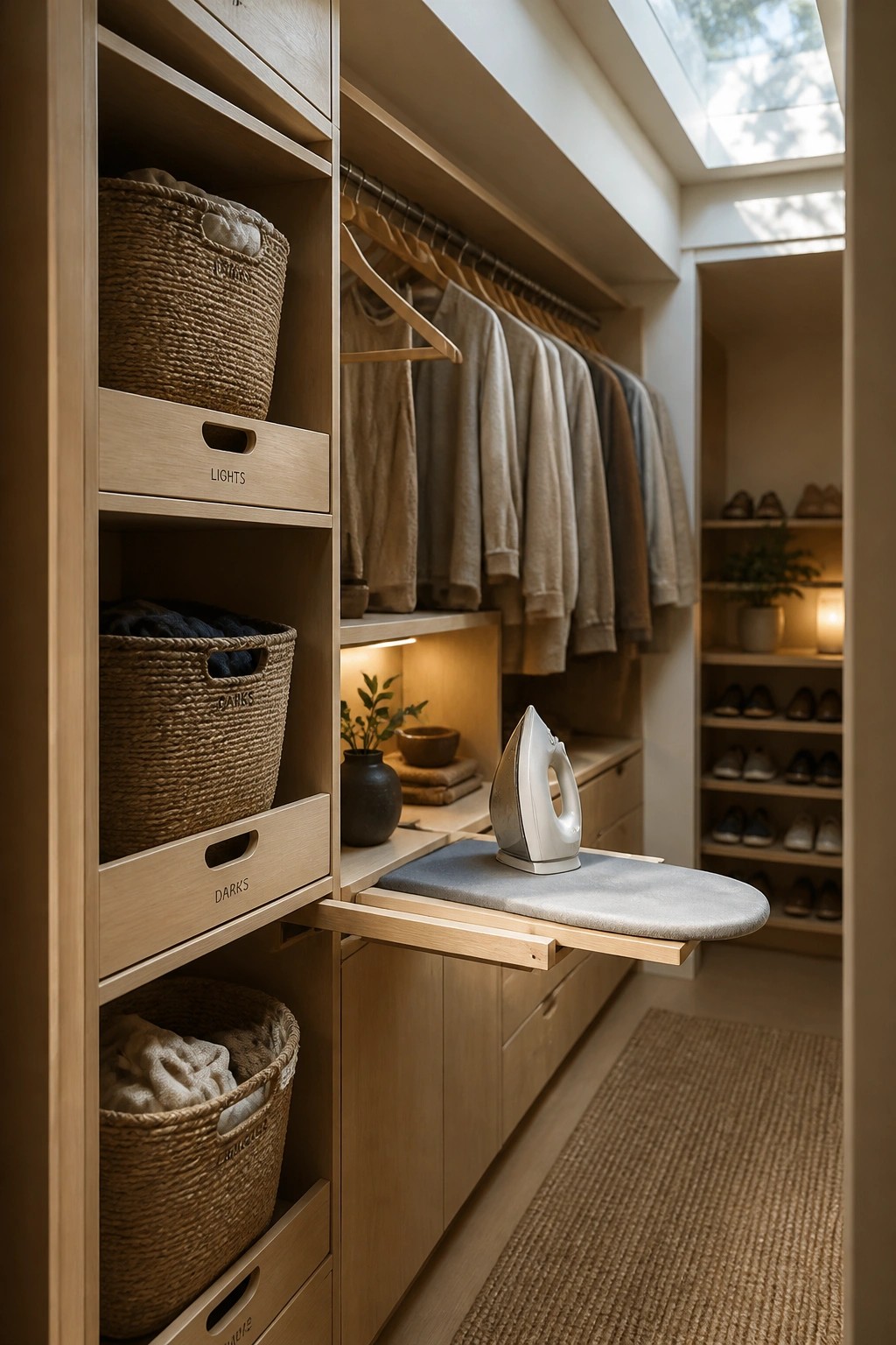 Light wood walk-in closet with woven baskets labeled for lights and darks, hanging neutral clothes, and a pull-out ironing board holding a white iron.