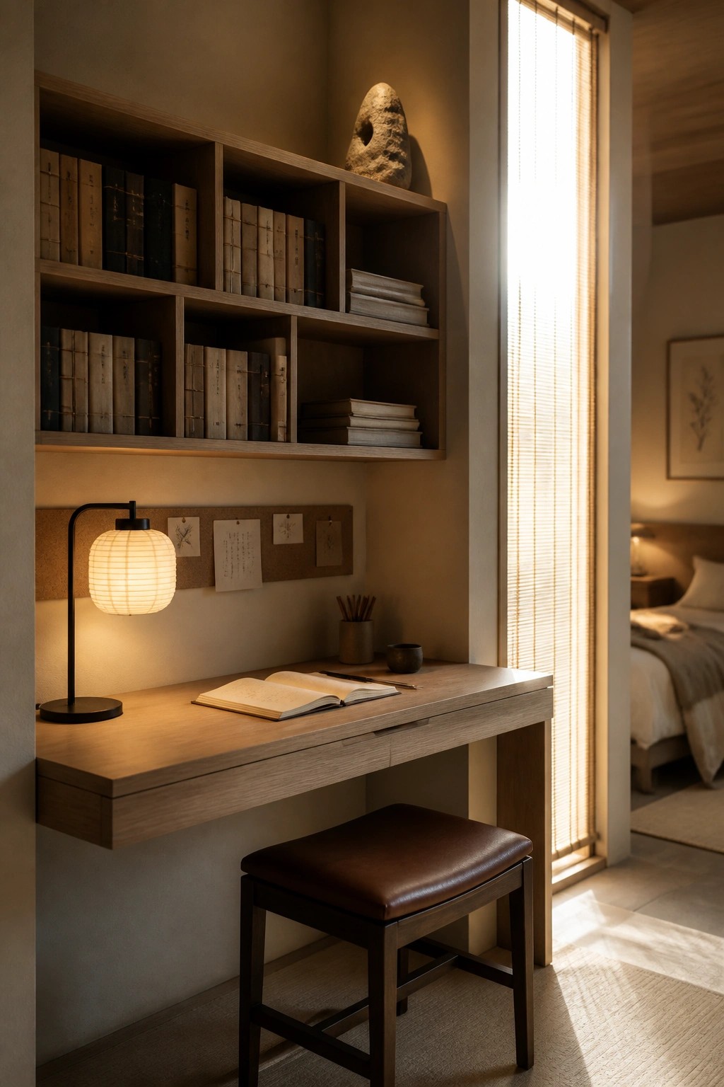 A light wood floating desk with built-in shelves above holding books, a stone object, an open notebook, a desk lamp, and a stool underneath.