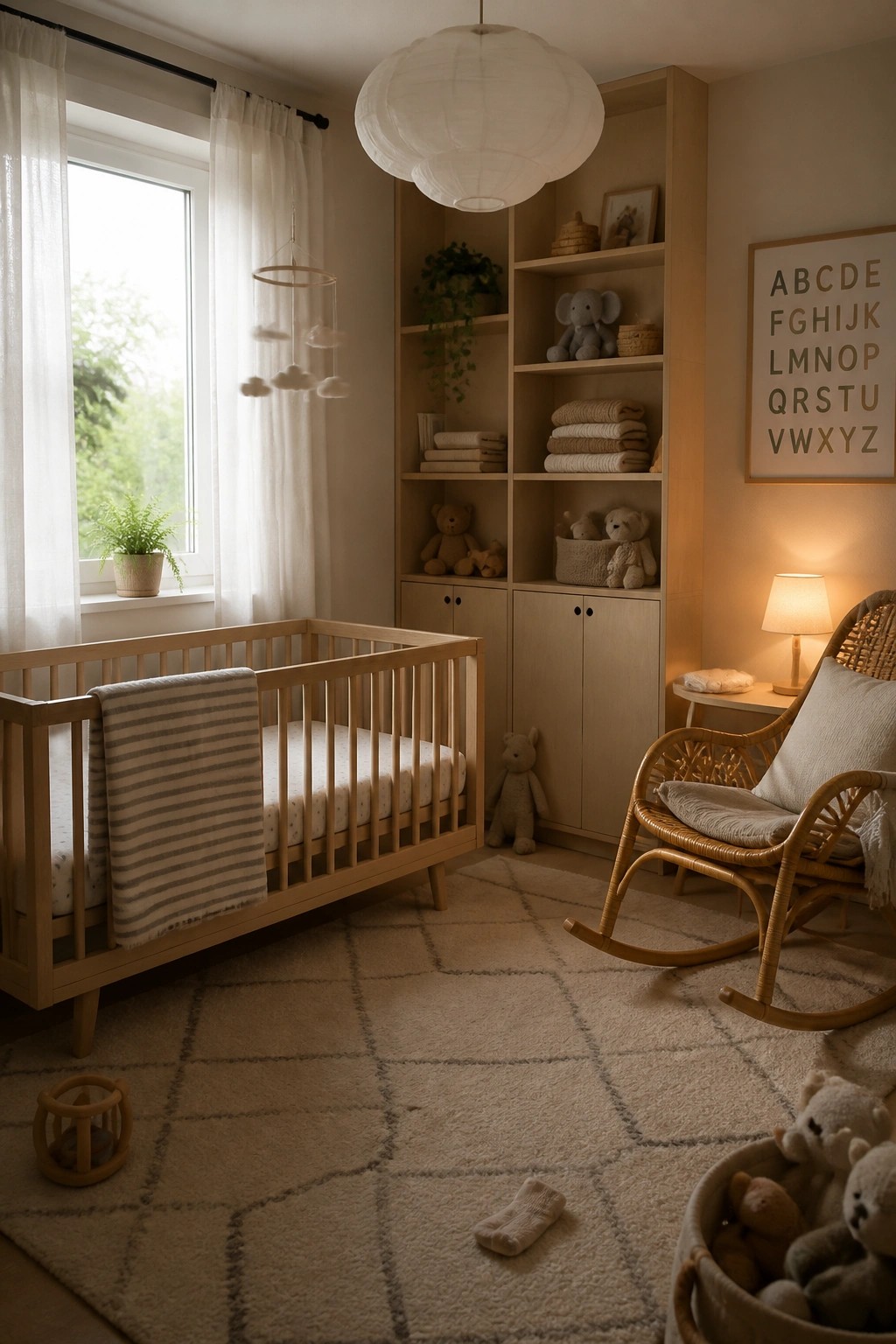 A nursery with a light wood crib, built-in shelves holding toys and linens, a woven rocking chair, and a large window with sheer curtains.