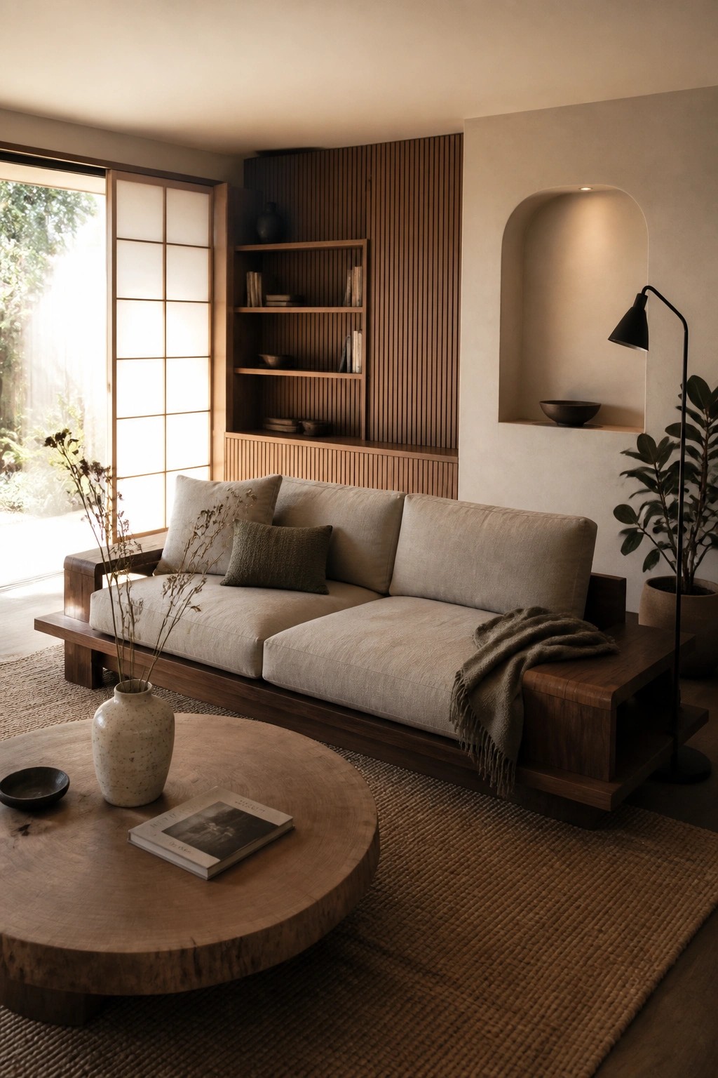 A low beige sofa sits in front of a vertical wood slat wall with recessed open shelves holding books and bowls, next to a round wooden coffee table on a woven rug.
