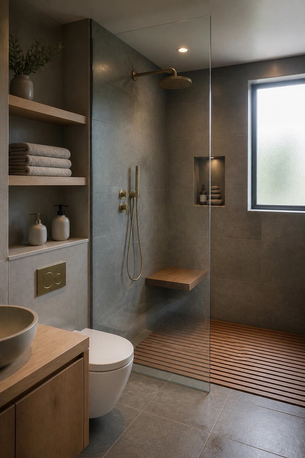A minimalist bathroom with gray tiled walls, a glass-enclosed shower containing a wooden bench and rain showerhead, built-in wooden shelves holding folded towels and bottles, and a floating wood vanity with a stone vessel sink.