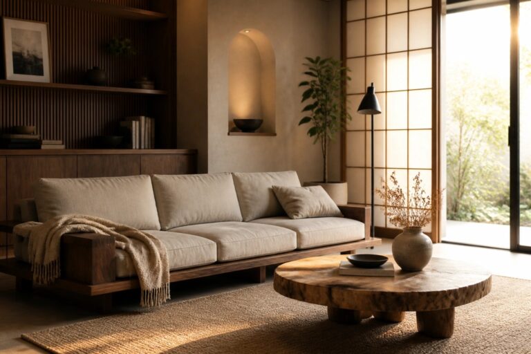 23 Dreamy Japandi Wood Interior Ideas for a Peaceful Minimalist Home A low beige sofa sits in front of a vertical wood slat wall with recessed open shelves holding books and bowls, next to a round wooden coffee table on a woven rug.