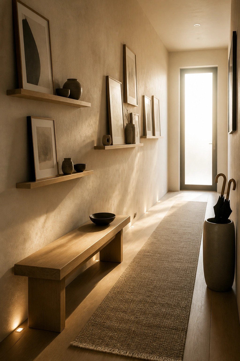 A long minimalist hallway with light wood floating shelves holding framed art and ceramic pieces, a low wooden bench with a bowl, a woven runner rug, and a tall vase with umbrellas near a bright doorway.