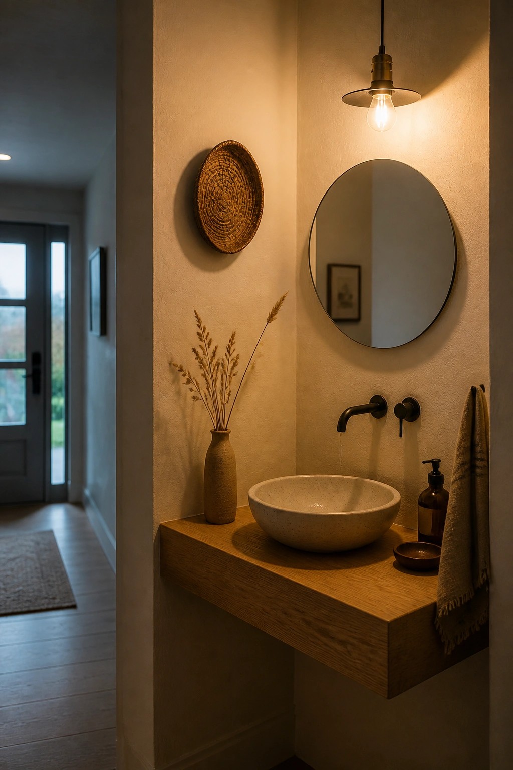 A minimalist bathroom corner with a floating wooden vanity, round vessel sink, black faucet, round mirror, and woven wall decor under a hanging pendant light.