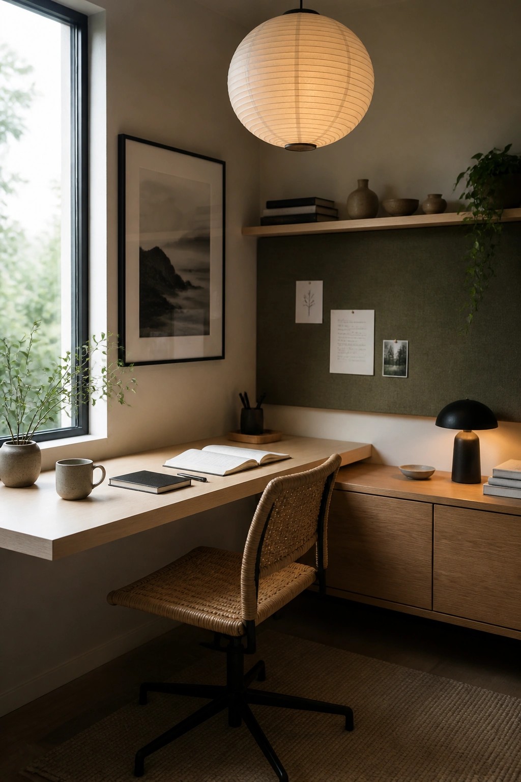 A light wood floating desk with an open notebook and woven office chair sits below a round paper lantern in a minimalist room with a green accent wall.