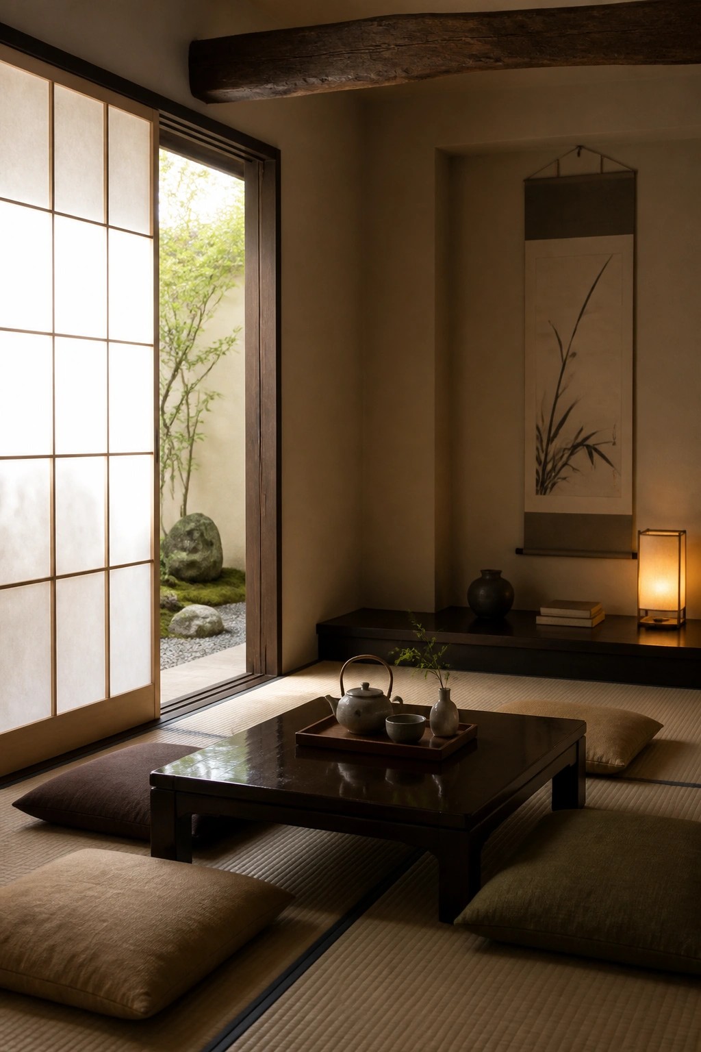 A Japanese-style interior with a low dark wooden table and tea set on tatami mats, open shoji doors leading to a small garden, cushions on the floor, and a hanging scroll on the wall.