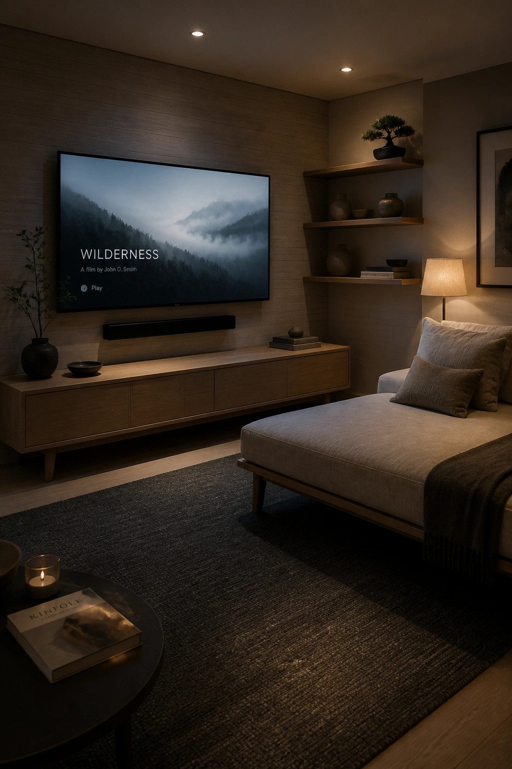 A dimly lit interior room with a large television mounted above a low wooden media console, a gray upholstered daybed, floating wooden shelves, and a dark area rug.