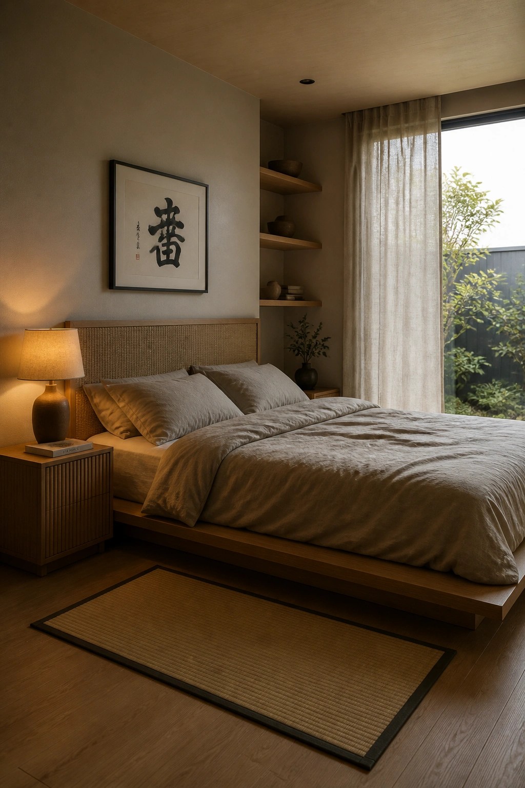 A Japandi-style bedroom with a low wooden platform bed, neutral bedding, a tatami mat on the floor, wooden nightstand, and wall art with calligraphy.
