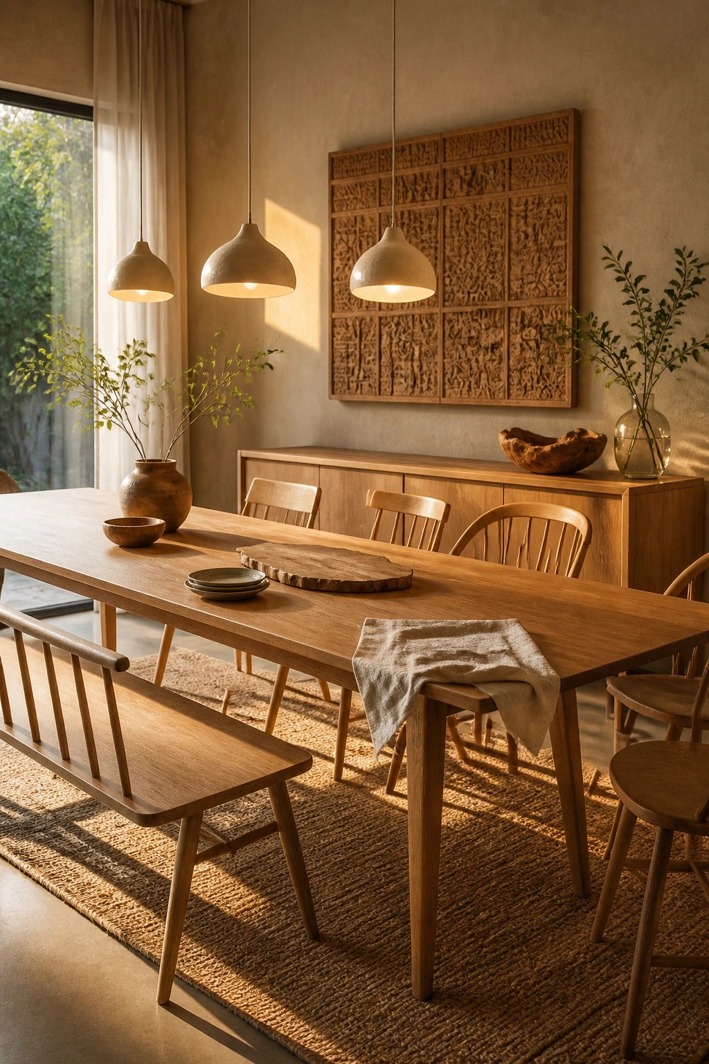 A long wooden dining table with a bench on one side and wooden chairs on the other, set on a woven rug beneath three pendant lights in a minimalist room with a wooden sideboard and carved wall panel.