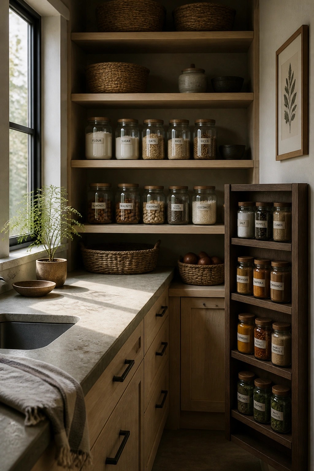 A kitchen pantry area with light wood open shelves holding labeled glass jars, woven baskets, and a small potted plant near a window.