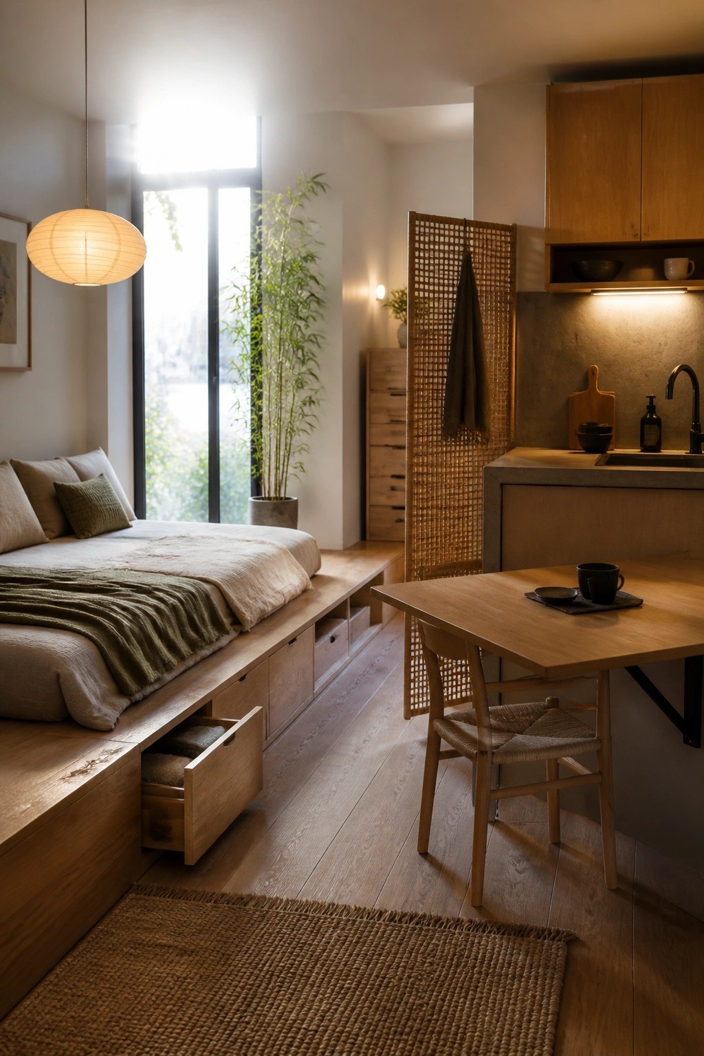 A small interior space showing a wooden platform bed with open storage drawers underneath, positioned near a low dining table and a compact kitchen area with wood cabinetry.