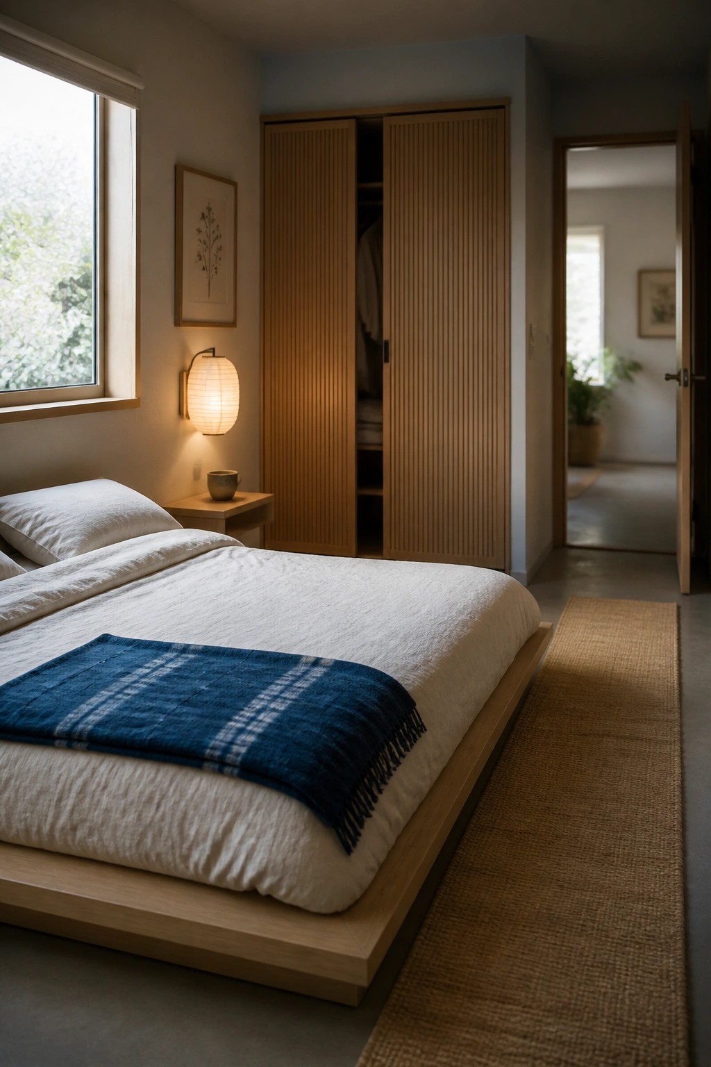A minimalist bedroom featuring a low wooden platform bed with white bedding and a blue striped throw, next to a tall wooden wardrobe with vertical slats and one door partially open.