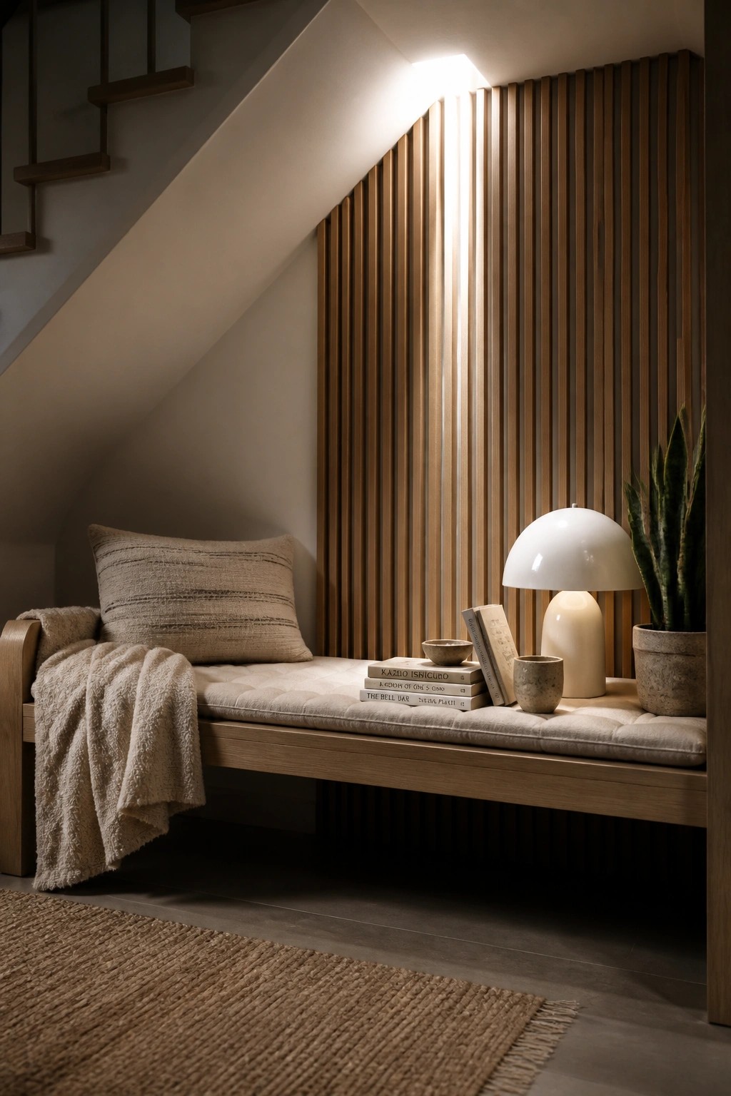 A light wood bench with a cushion and throw sits against a wall of vertical wood slats, with books, a lamp, and a potted plant arranged on the bench.