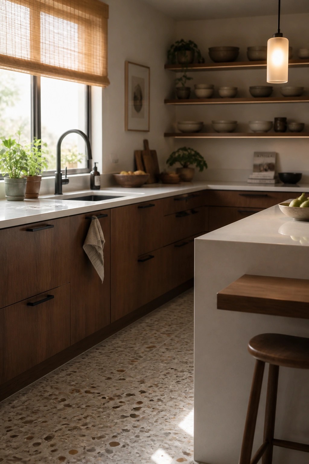 Modern kitchen with walnut cabinets, terrazzo floor, open shelves, and pendant light.