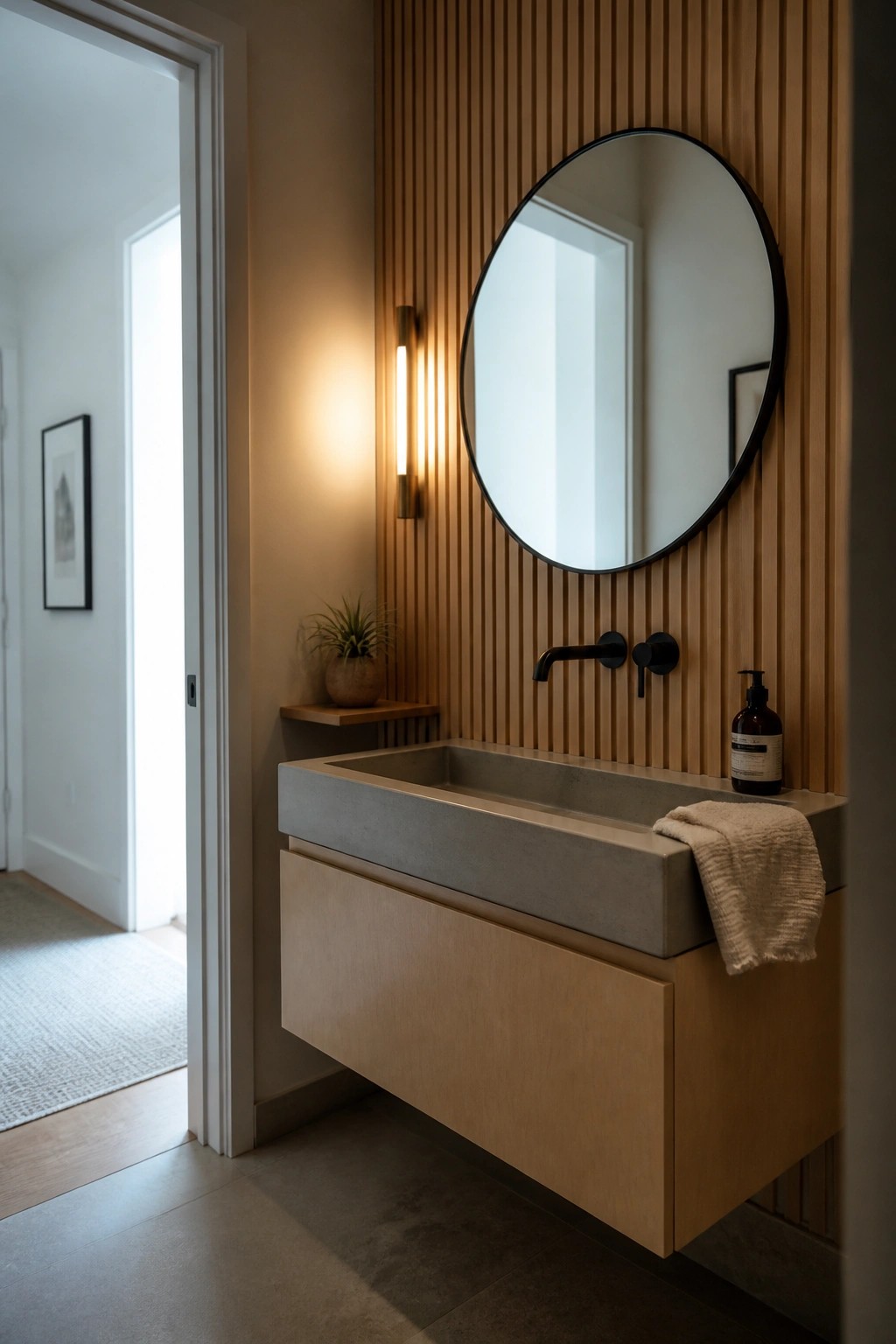 A bathroom with a floating light wood vanity, concrete sink, round black mirror mounted on a vertical wood slat wall, and black wall-mounted faucet.