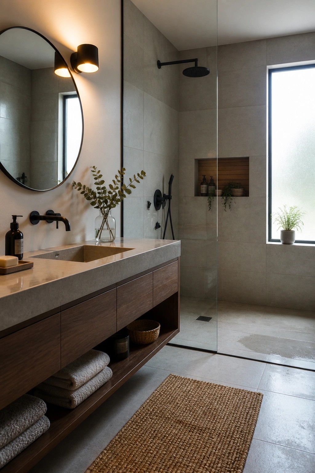 A bathroom with a floating wood vanity, concrete countertop, round mirror, black fixtures, and a glass shower enclosure on gray tiled walls.
