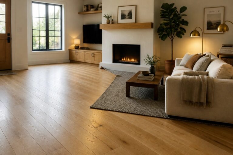 A modern living room with wide plank light oak flooring, a white sofa on a gray rug, and a fireplace with a floating wood mantel.