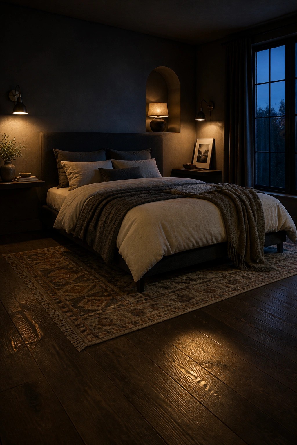 Dark bedroom with large bed, patterned rug, warm wall sconces, and night window.